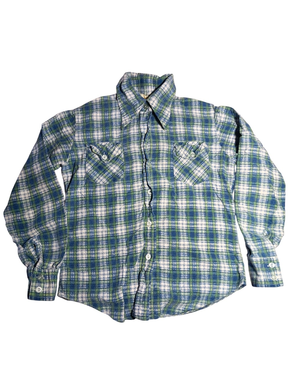 Girls Vintage Skater Flannel Top 10 1970's Green Blue Plaid 100% Cotton